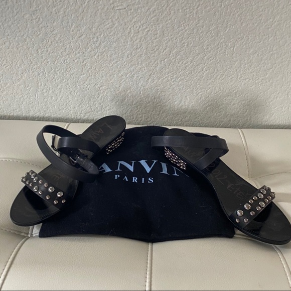 LANVIN Blk Studded LowHeel Ankle Wrap Sandals 37.5 - Picture 2 of 5